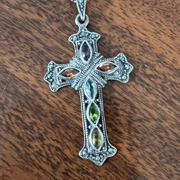 Sterling Silver .925 multi gemstone cross pendant necklace - Picture 2 of 11
